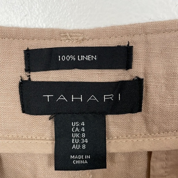 Tahari wide leg linen pants women size 4 with belt 4 pockets comfortable beige - Picture 8 of 8